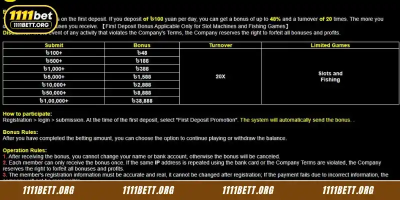 Details about the first deposit bonus promotion at 1111Bet