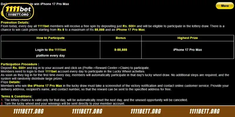 Information about 1111Bet's daily Deposit draw